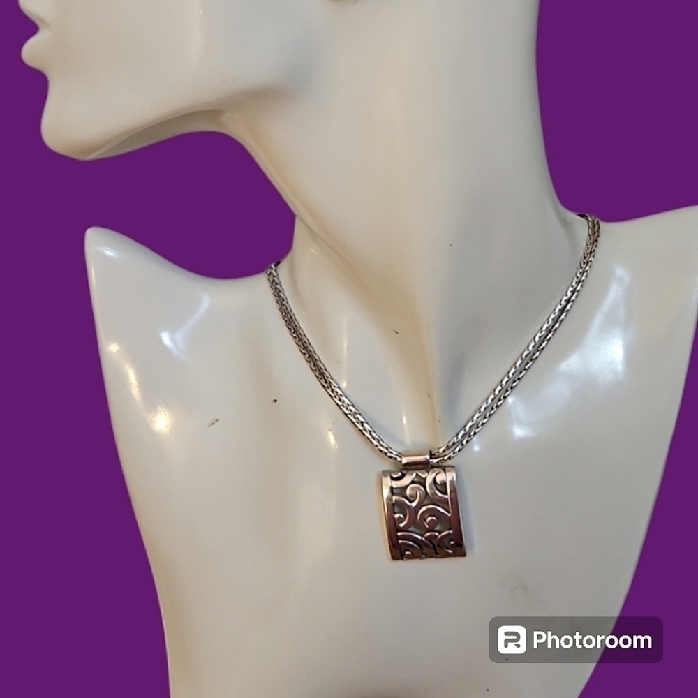 BRIGHTON Scroll Rectangle Pendant Deco Double Chain Necklace